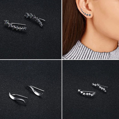 CASSIECA 6 Pairs Leaf Earring Cuff Ear Climber Cubic Zirconia Stud for Women Girls Butterfly Star CZ Ear Vine Wrap Stud Earring