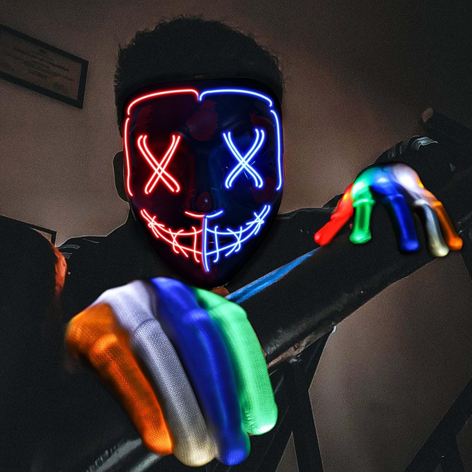 Colplay LED Halloween Mask and Glowing Gloves Set