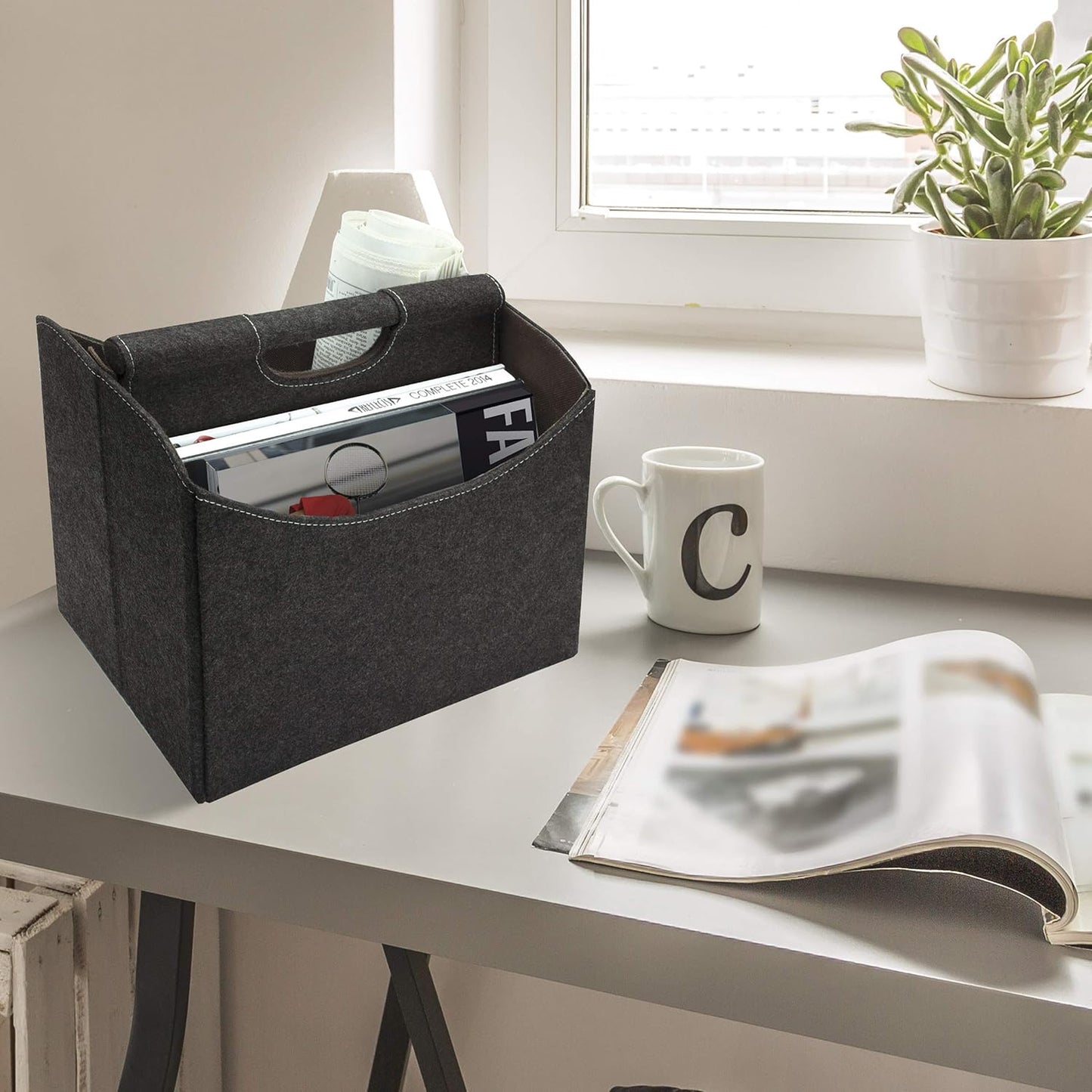 Anthracite Felt Newspaper Stand Foldable Magazine Organizer