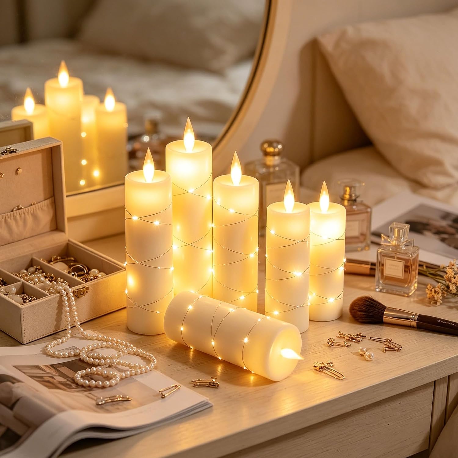 Da by 5-Pack Ivory Real Wax Flameless LED Taper Candles with Fairy String Lights and Remote Control