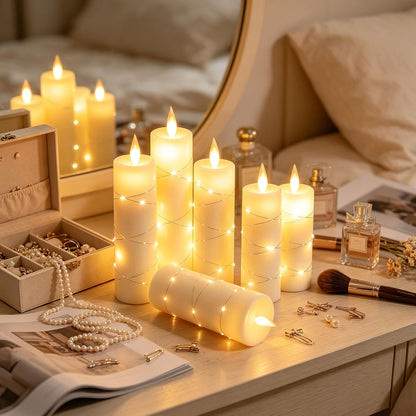 Da by 5-Pack Ivory Real Wax Flameless LED Taper Candles with Fairy String Lights and Remote Control