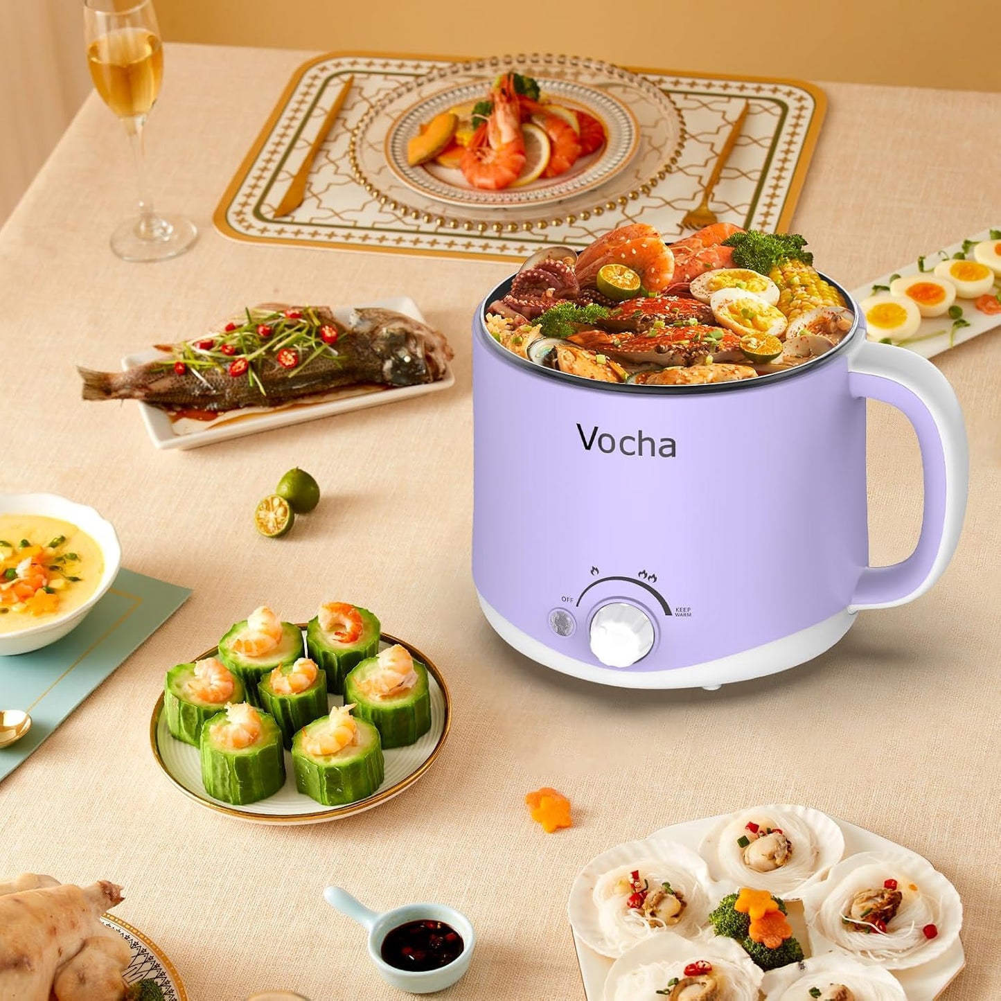 Vocha Electric Hot Pot 1.6L 600W Keep Warm Function Portable Travel Cooker Purple V016