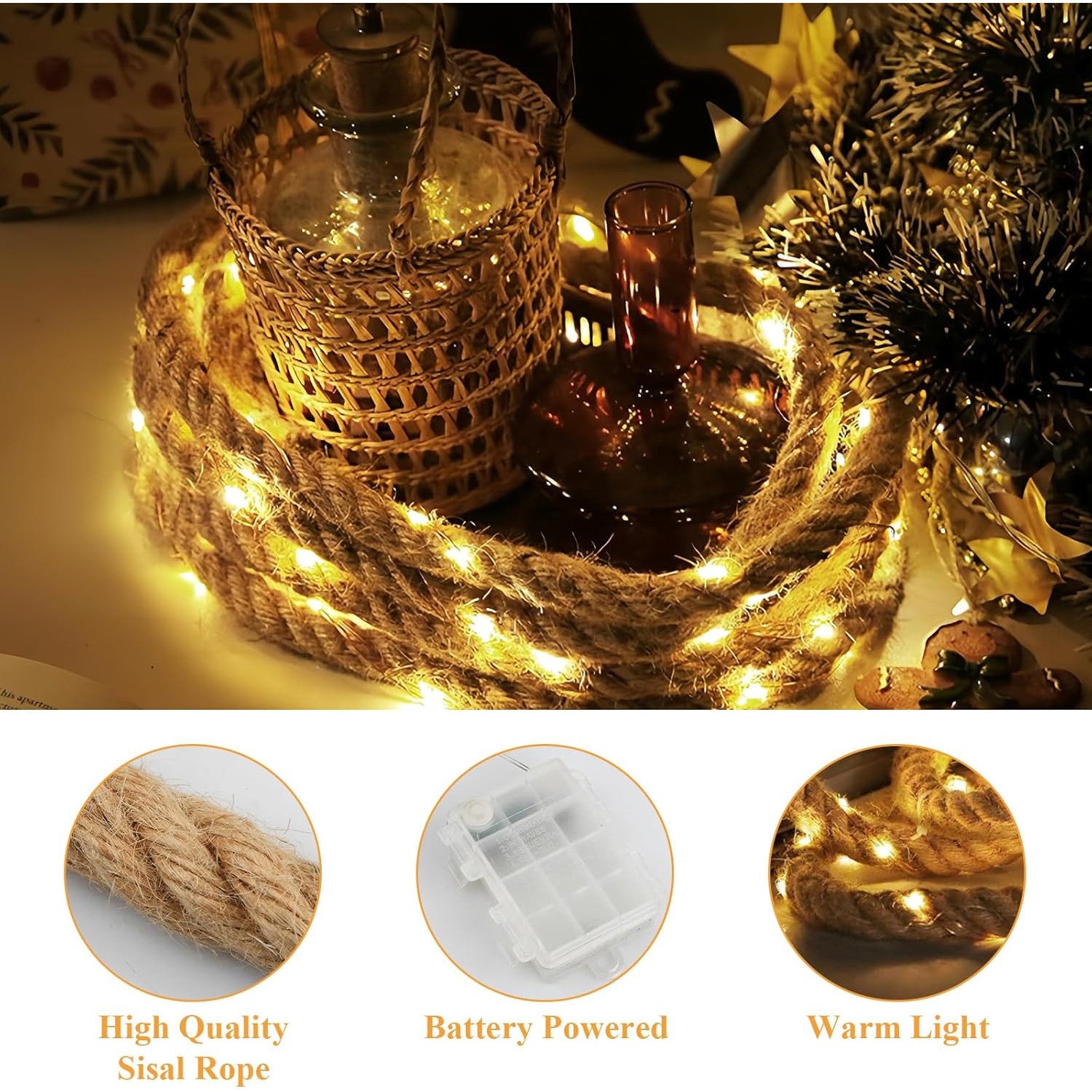 Litinliv 3m LED Hemp Rope Fairy Lights, 60 LEDs Remote