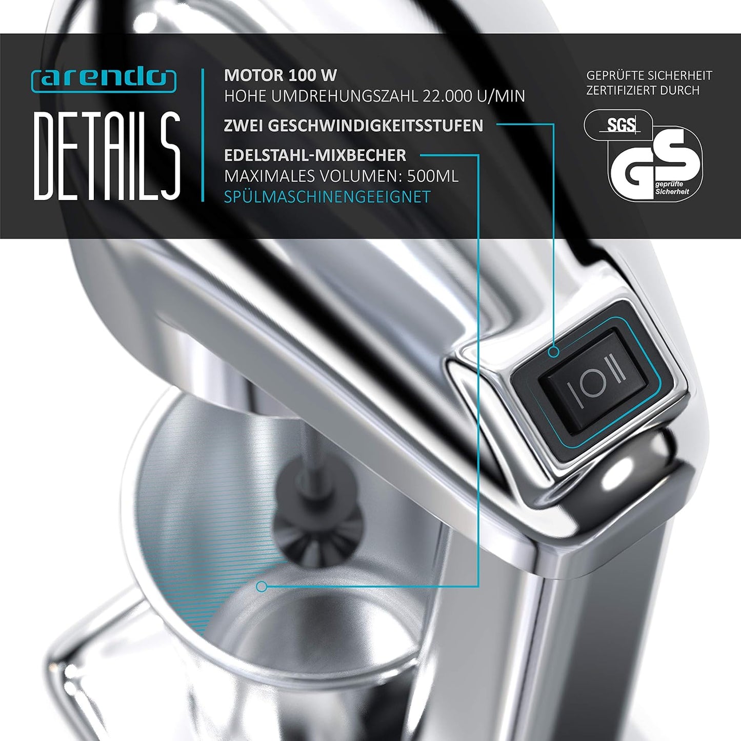 Arendo 23033072 Electric Drink Mixer 100W Silver