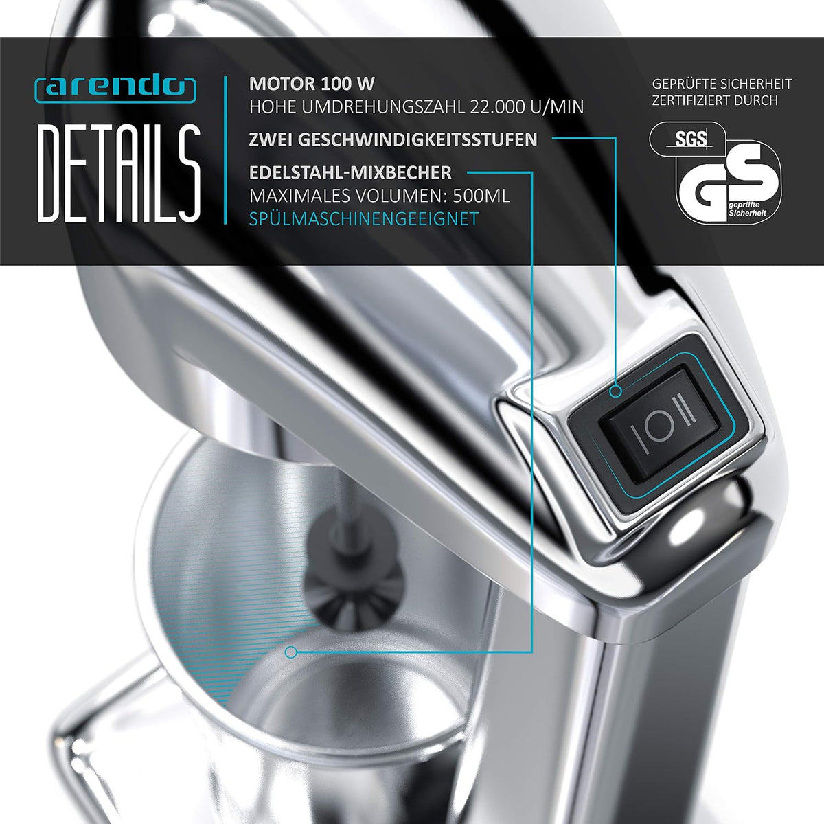 Arendo 23033072 Electric Drink Mixer 100W Silver