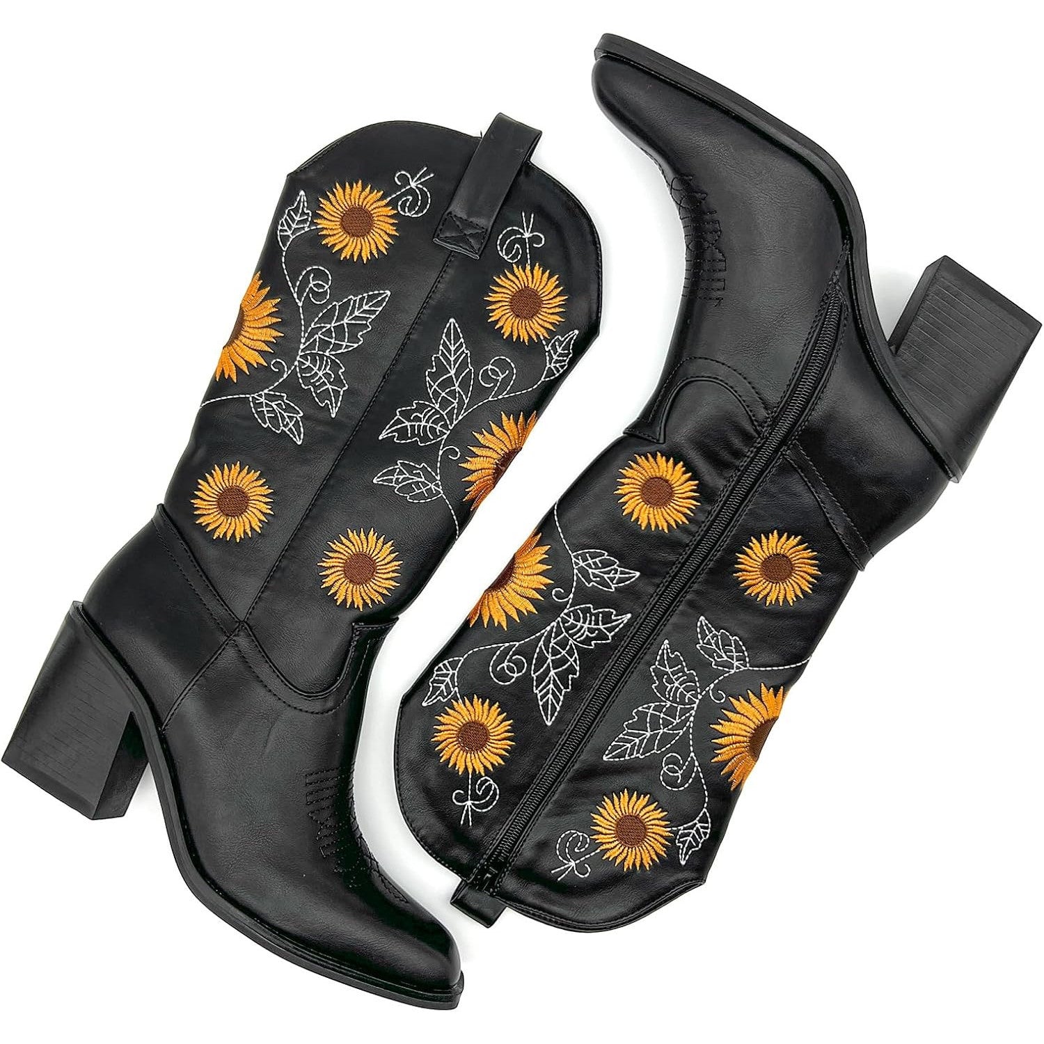 Women's Mid-Calf Western Cowboy Boots with Sunflower Embroidery Pointed Toe Chunky Heel