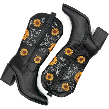Women's Mid-Calf Western Cowboy Boots with Sunflower Embroidery Pointed Toe Chunky Heel