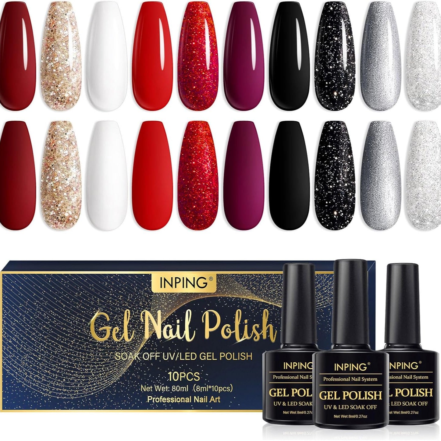 INPING 10-Color Red Black Glitter UV Gel Nail Polish Set