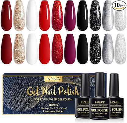 INPING 10-Color Red Black Glitter UV Gel Nail Polish Set