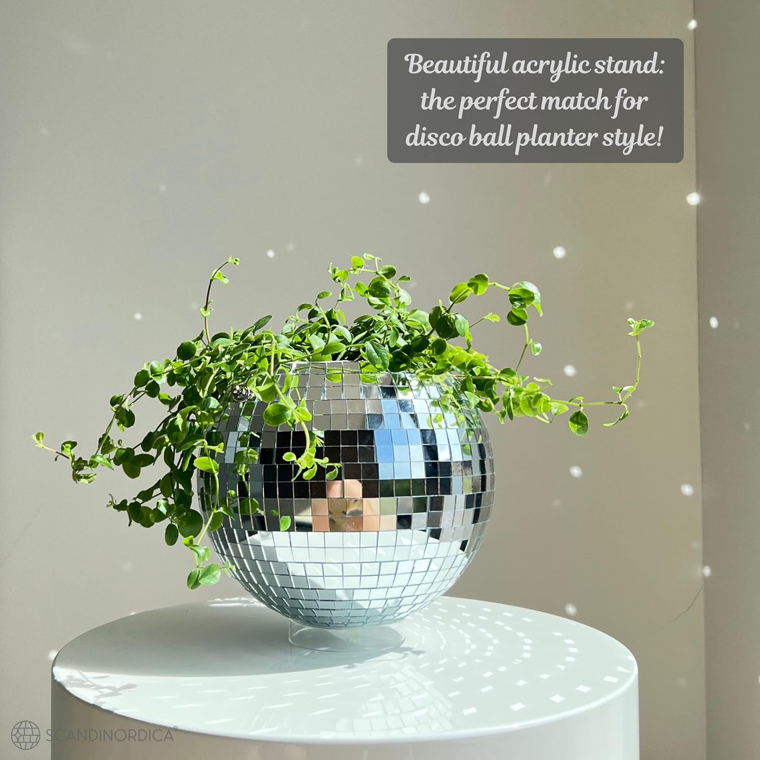 SCANDINORDICA 8‑Inch Silver Disco Ball Hanging Planter with Stand