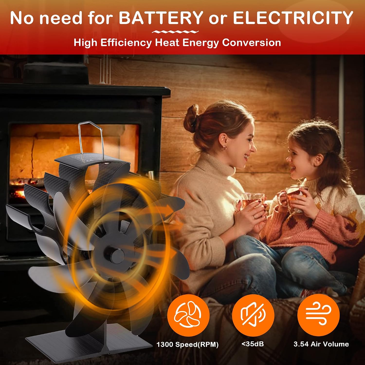 BUICXJKZ 7-Blade Heat Powered Log Burner Fan Silent Wood Stove Circulation Black