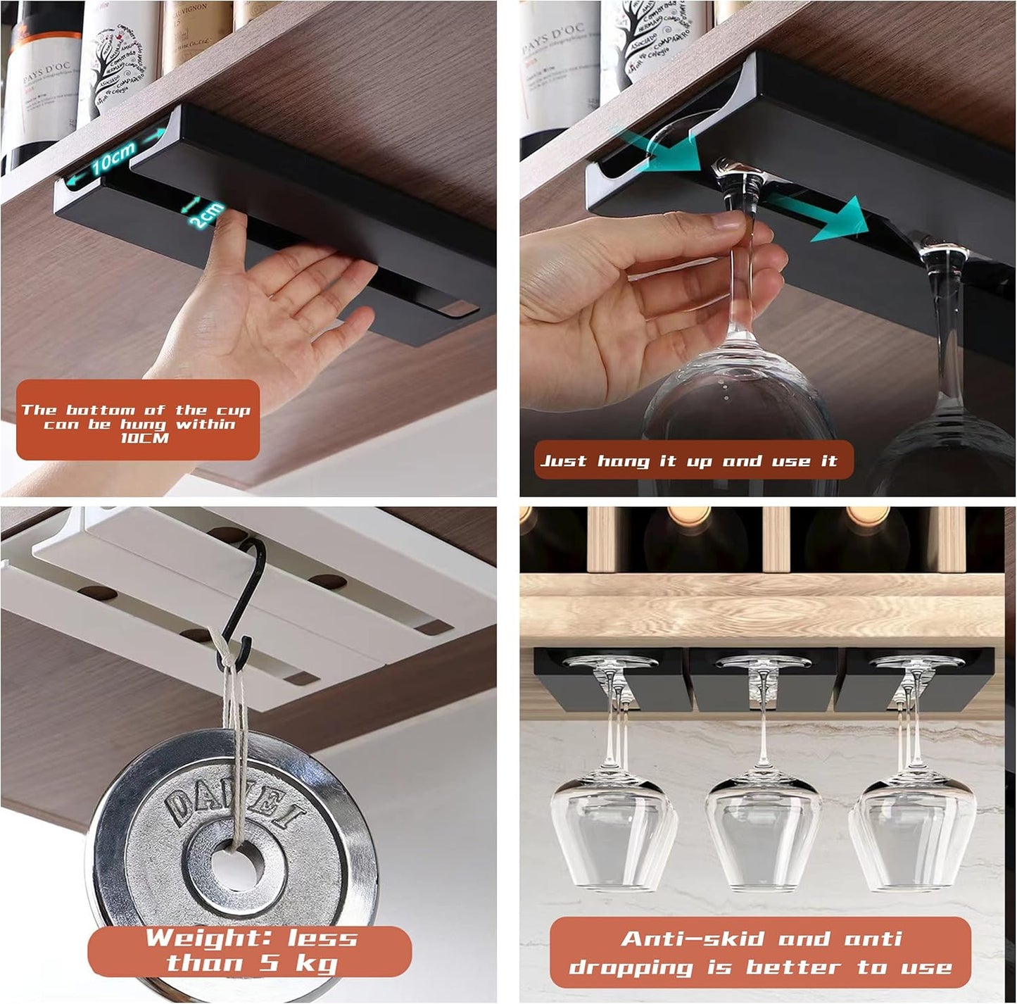 2 Pack Plastic Wine Glass Rack – Punch‑Free Under‑Cabinet (White)