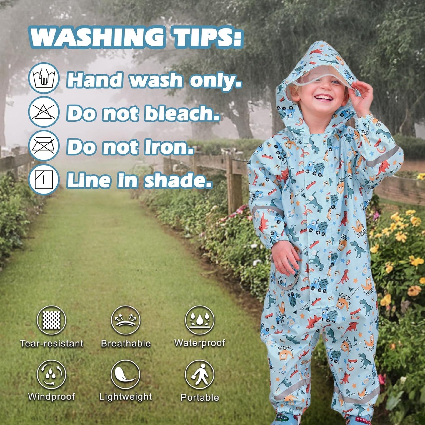 Kids Waterproof Puddle Suit with Hood, Reflective Stripes, Animal Prints