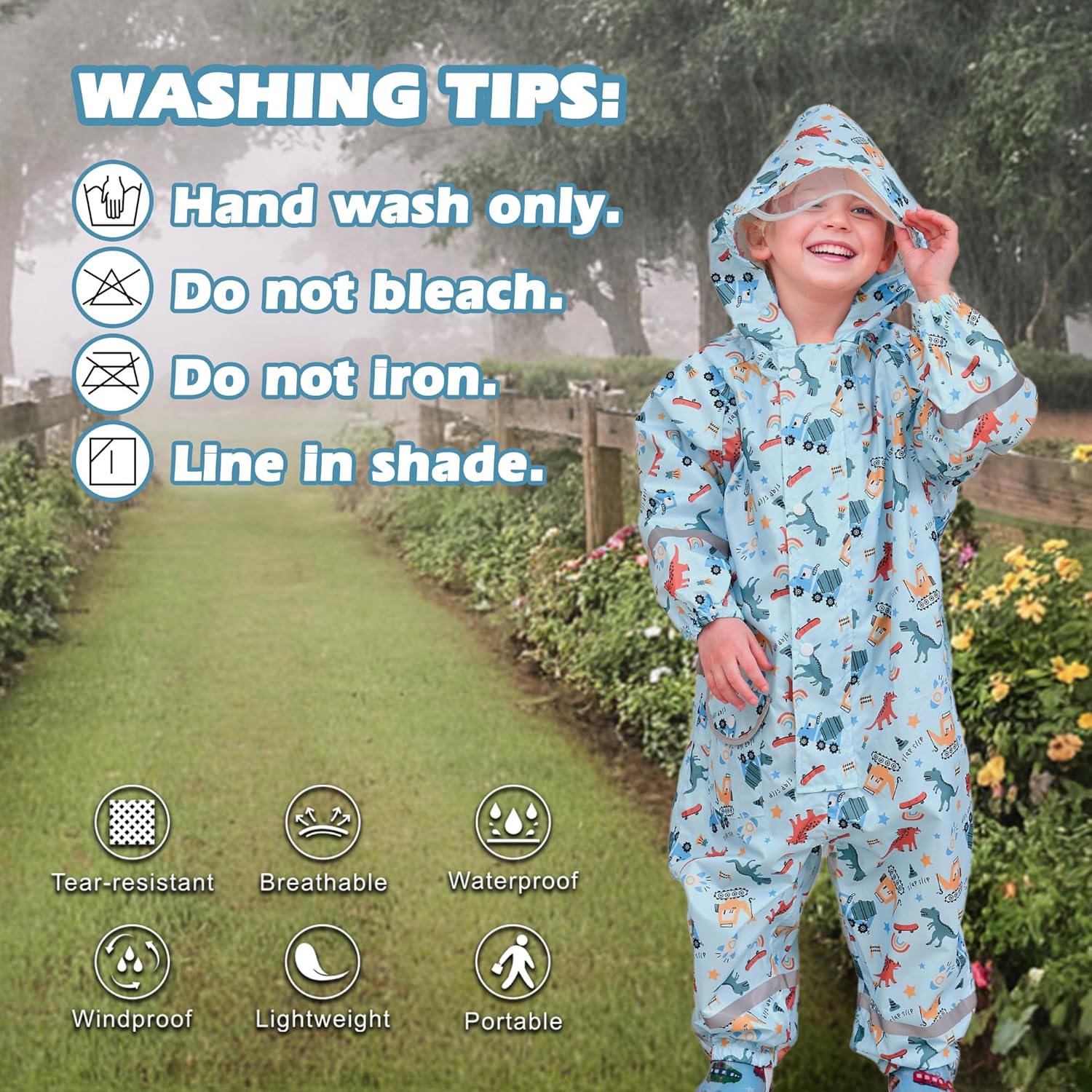 Kids Waterproof Puddle Suit with Hood, Reflective Stripes, Animal Prints
