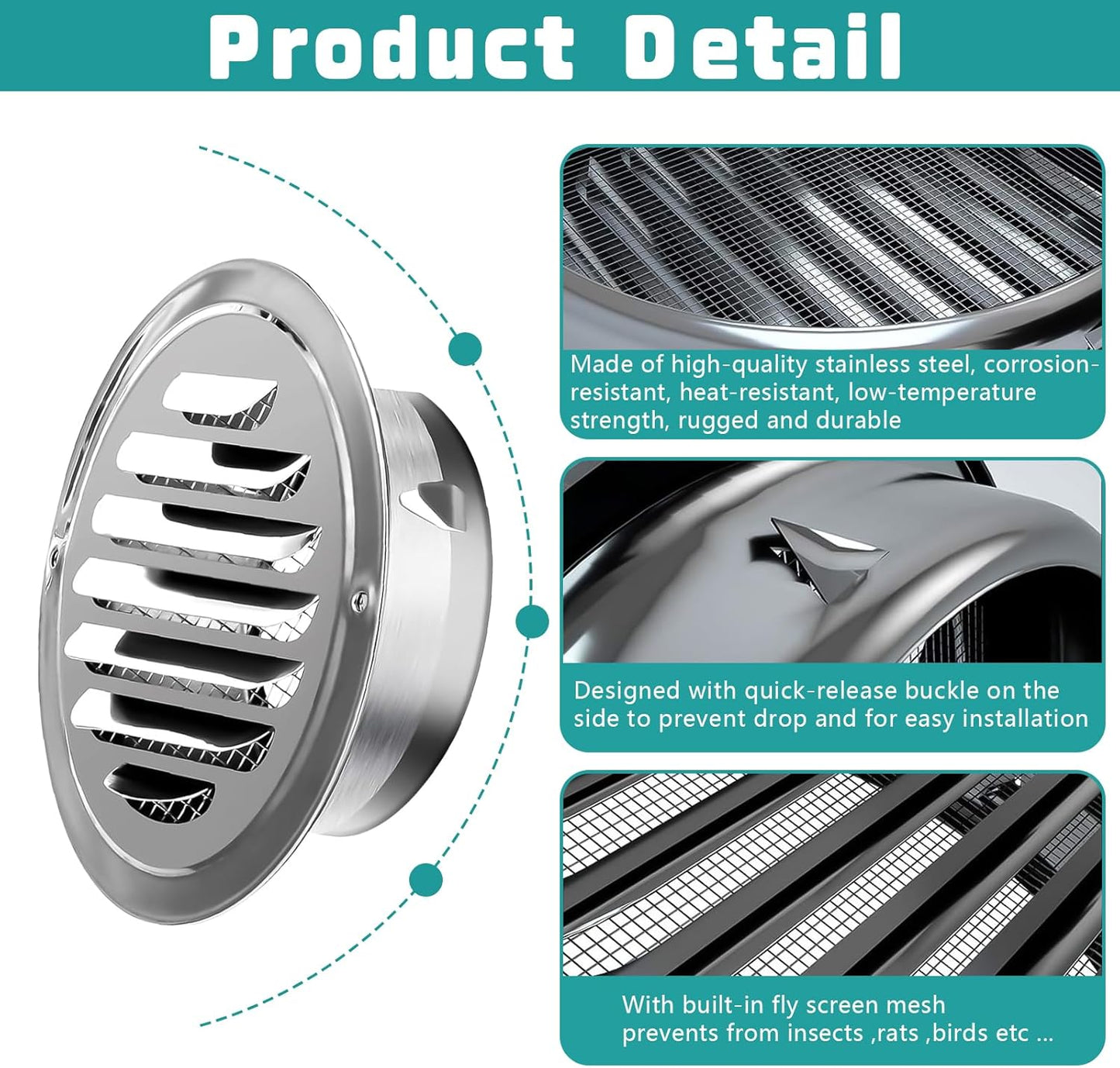 Premium Stainless Steel Vent Grilles with Insect Mesh, 4-Pack Round 4-Inch