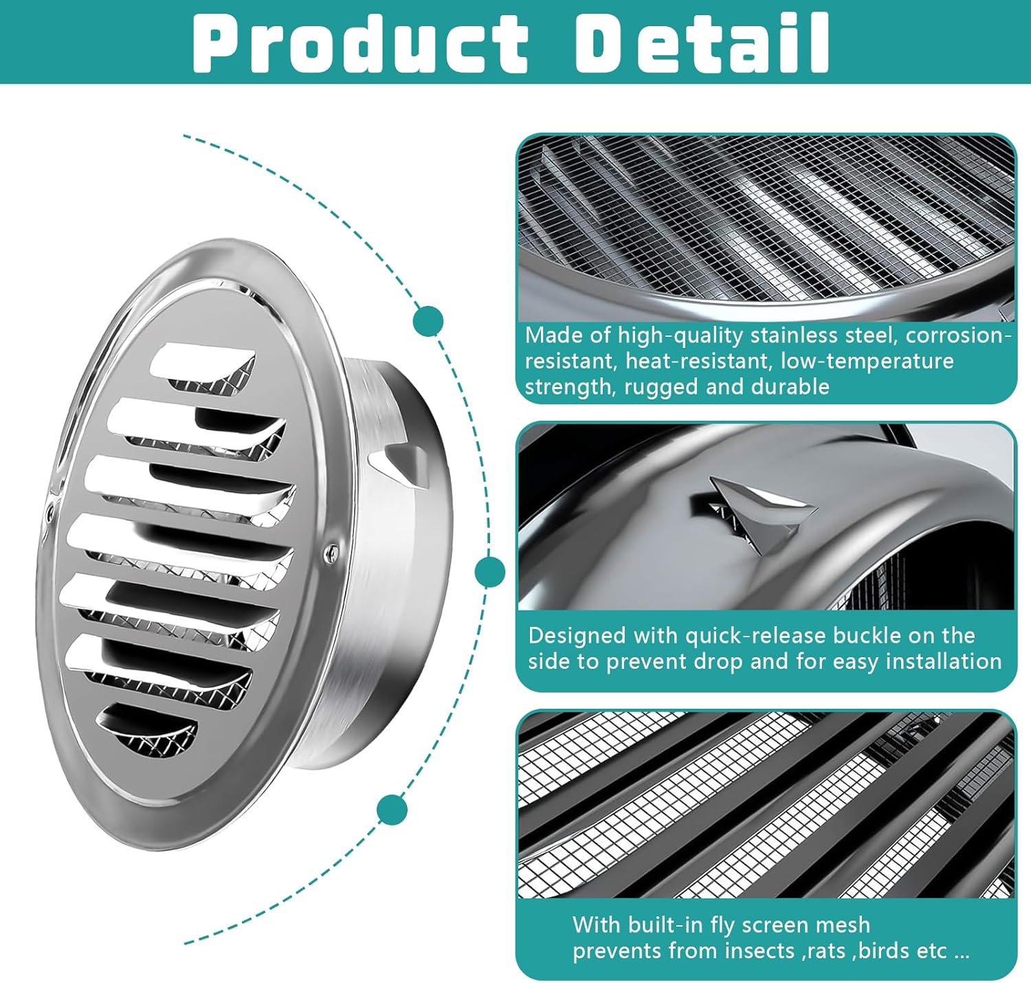 Premium Stainless Steel Vent Grilles with Insect Mesh, 4-Pack Round 4-Inch