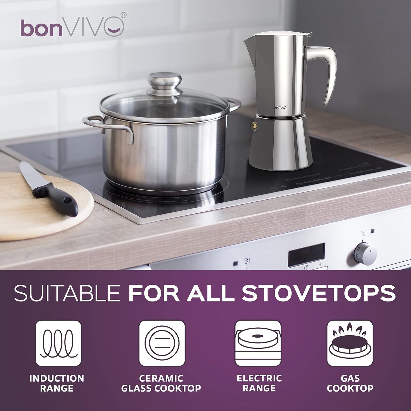 BonVIVO Moka Pot 6 Cup Stainless Steel Espresso Maker Silver Chrome