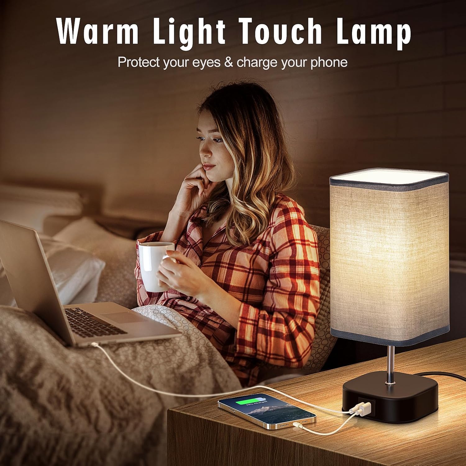 Bedside Lamps Set of 2 – Touch‑Control, USB‑C/A Charging, 3‑Way Dimmable Table Lamps with Grey Fabric Shade