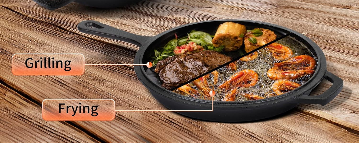 Overmont 26CM Pre-Seasoned Cast Iron Dutch Oven Pot & Skillet Combo Cooker