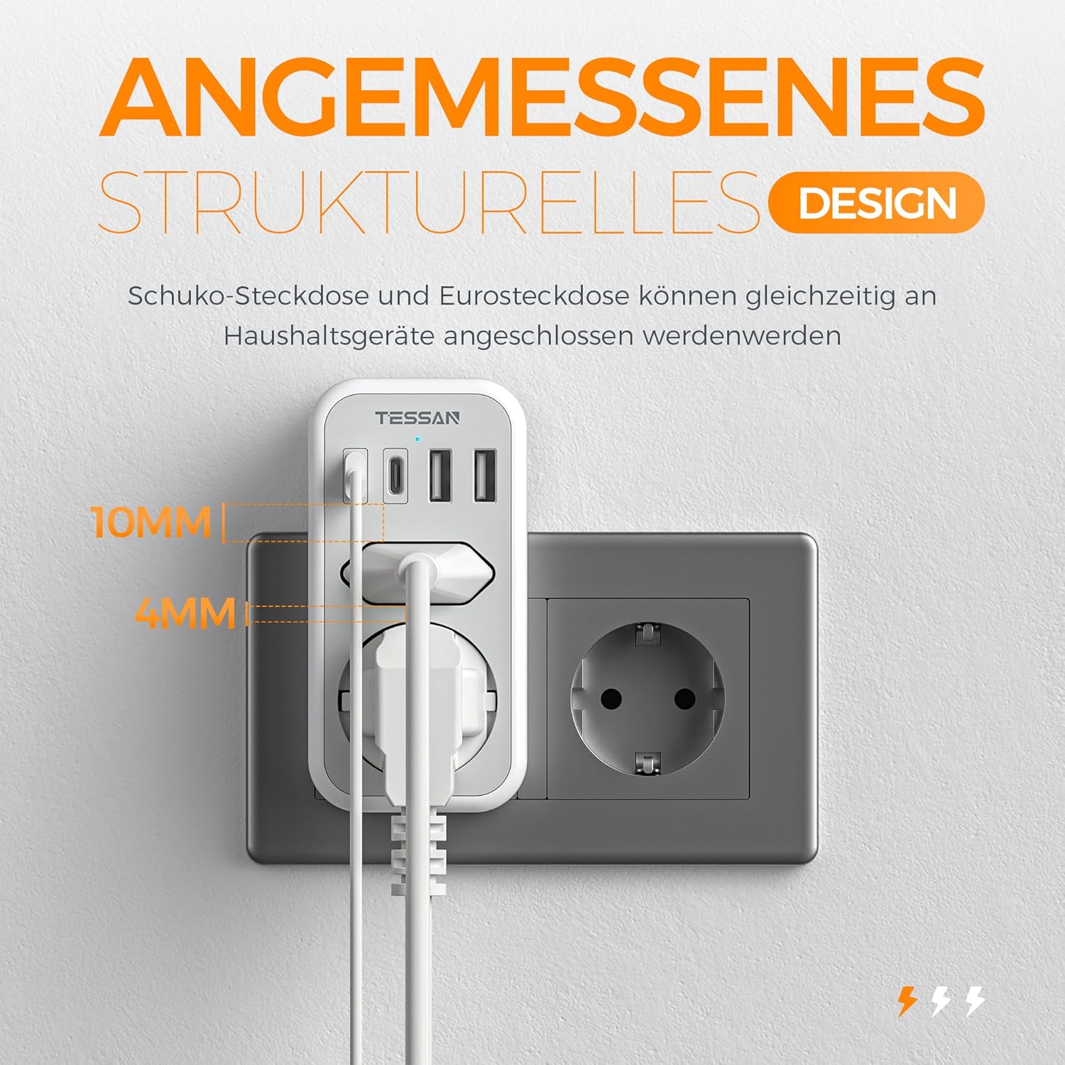 TESSAN 6-in-1 Double Plug Power Adapter with USB-C Grey