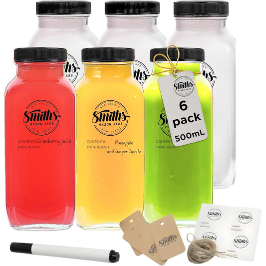 Smiths Mason Jars Pack of 6 500ml Square Glass Bottles with Leak‑Proof Lids, Tags & Pen – Ideal for Smoothies, Juice & Milkshakes