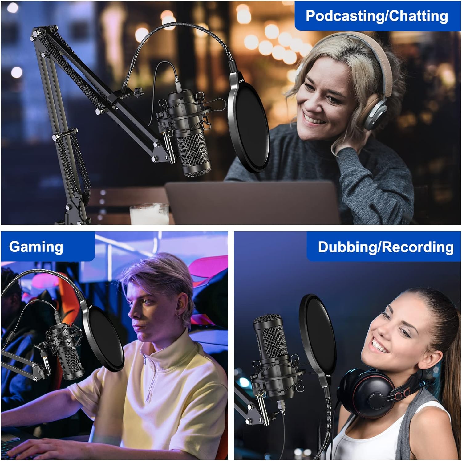 Aokeo AK-60 USB Condenser Microphone Kit – 192kHz/24bit Cardioid Mic with Boom Arm, Shock Mount & Pop Filter