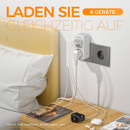 TESSAN 6-in-1 Double Plug Power Adapter with USB-C Grey