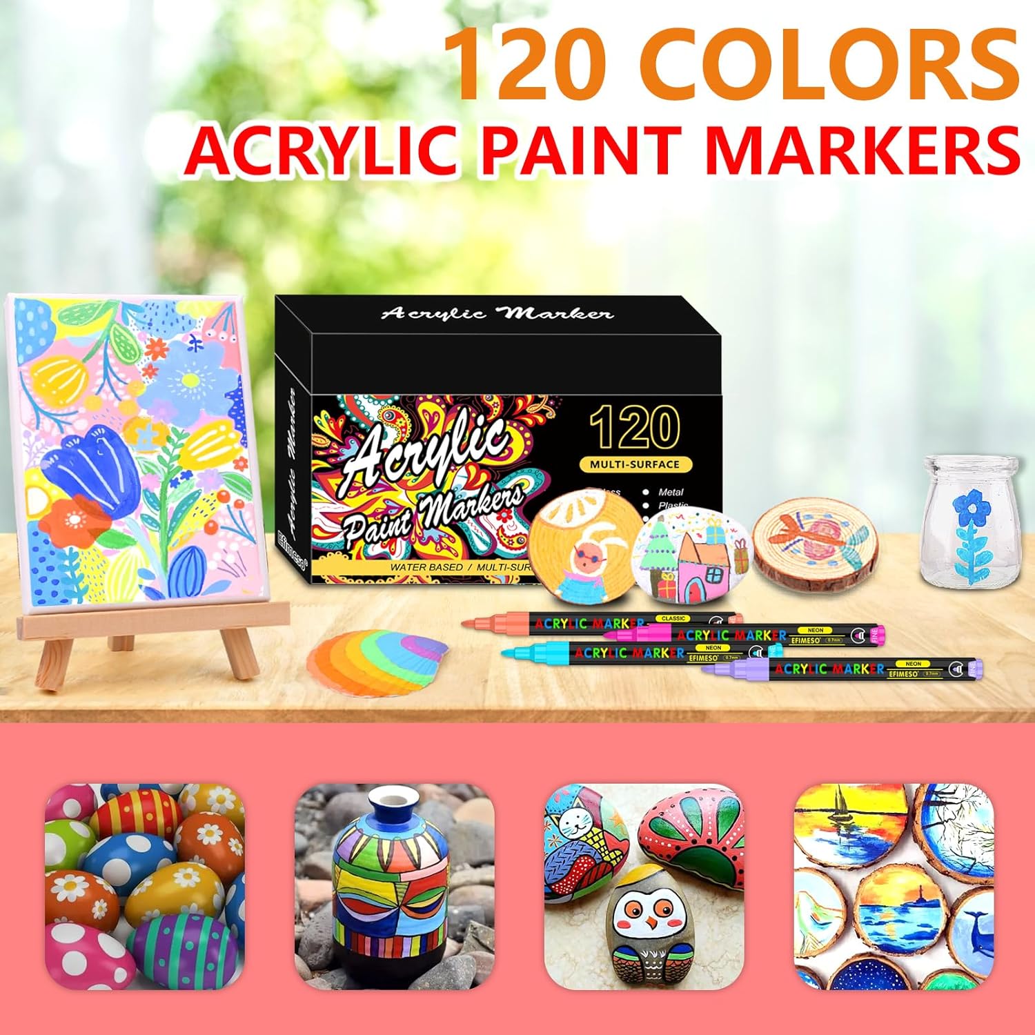 Efimeso Waterproof 120-Color Acrylic Marker Set with Fine 0.7mm Tip