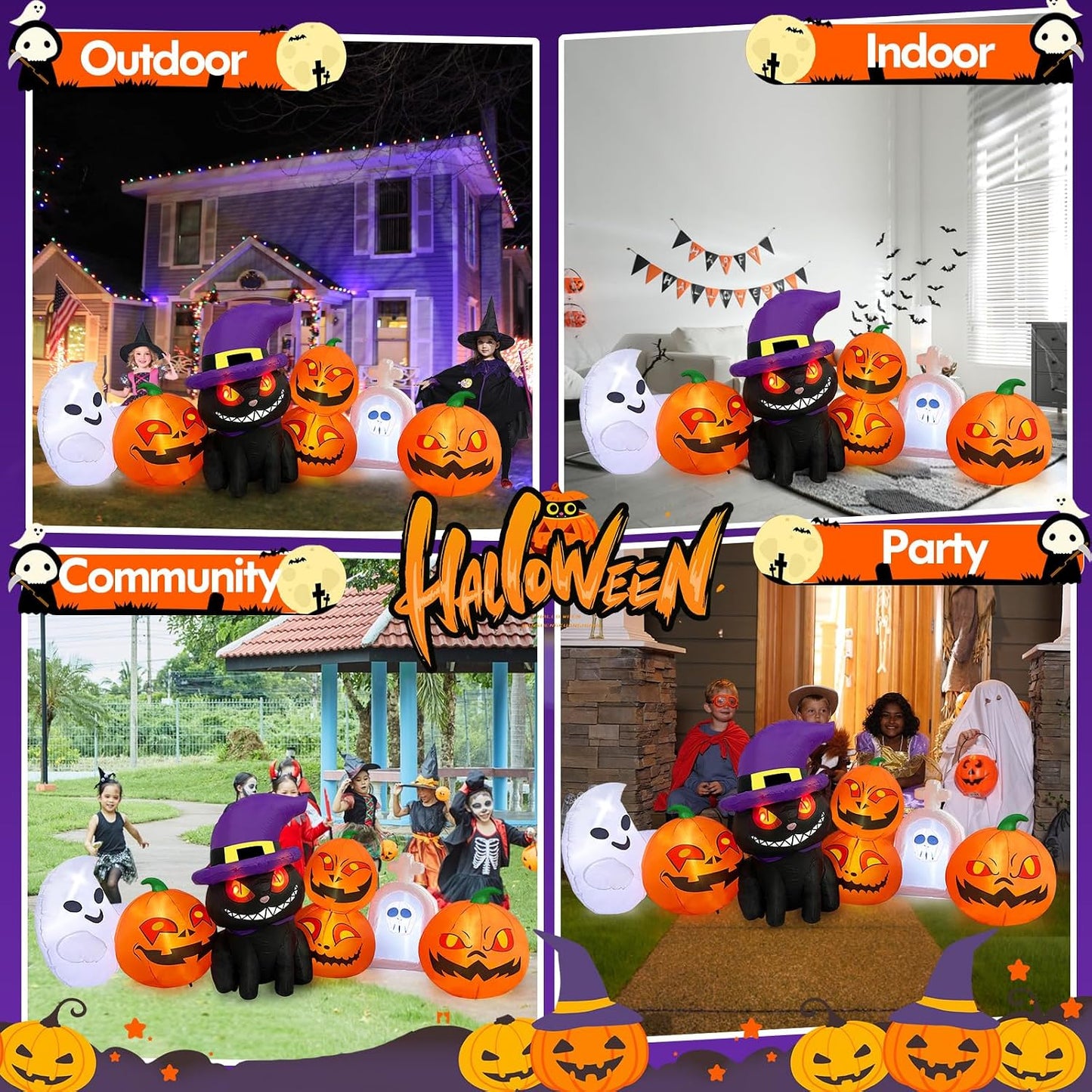 Micocah 8FT Halloween Inflatable Cat & Pumpkin Decorations with LED Lights