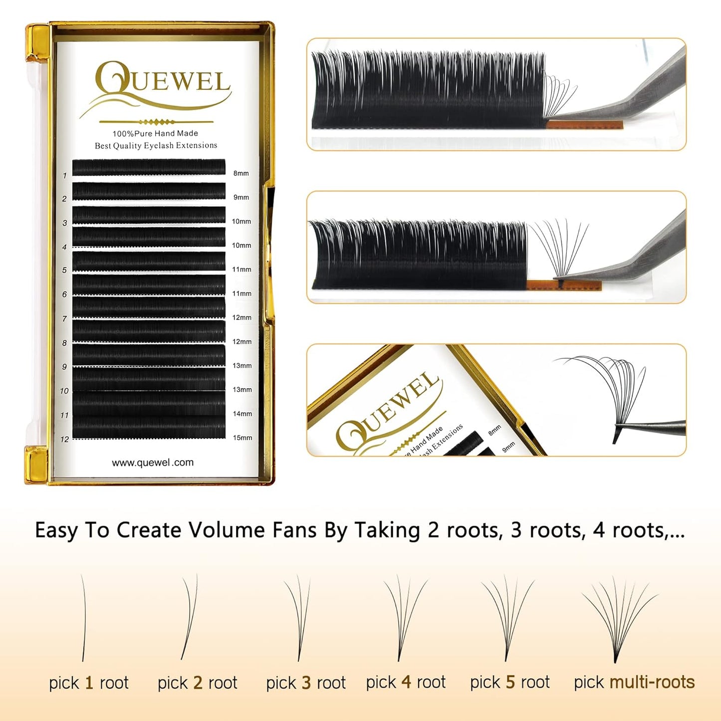 QUEWEL Easy Fan Volume Eyelash Extensions 13mm 0.03 C Curl Soft Lightweight Cruelty-Free