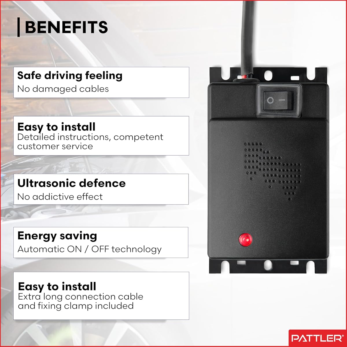 PATTLER Car Marten Repellent Ultrasonic 12V Battery Connection Automatic Engine