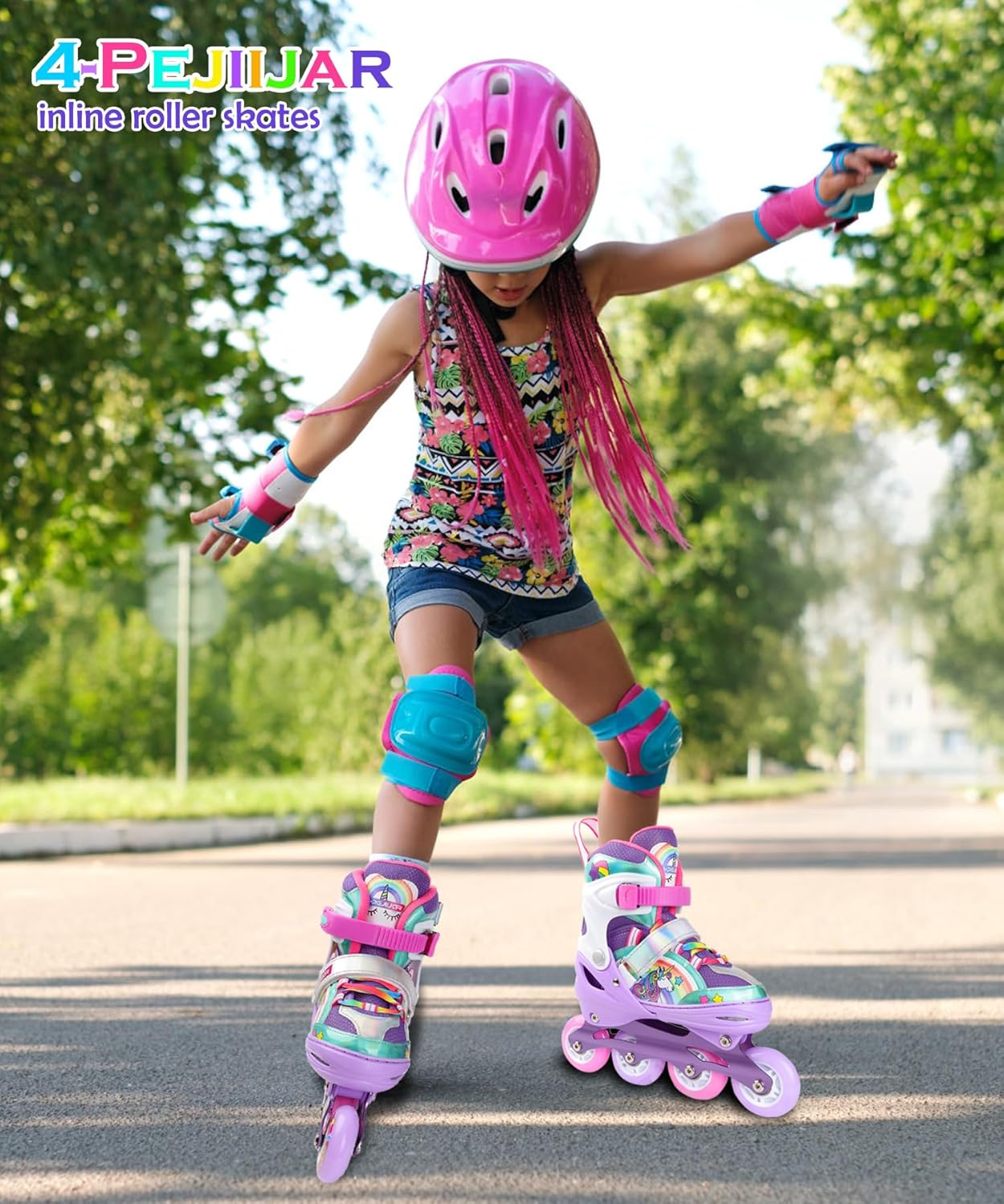 Adjustable Unicorn Rainbow Inline Skates for Girls with Luminous LED Wheels