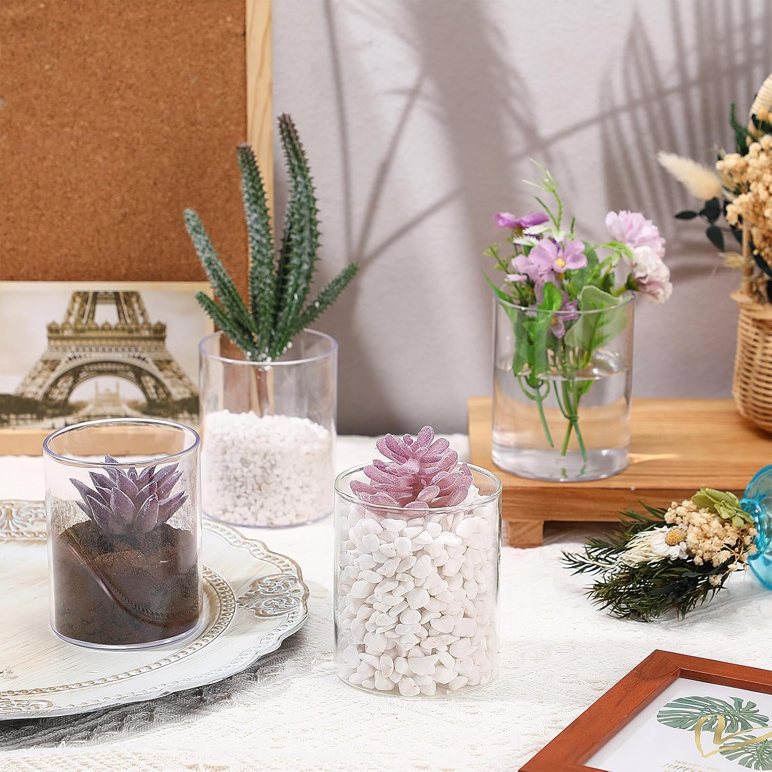 Vesici 20 Pcs Plastic Cylinder Vase Acrylic Cylinder Vase Bulk Small Clear Flower Container Hurricane Candle Holder Round Wide Container Centerpiece for Home Office Wedding Decorations (4 Inch)