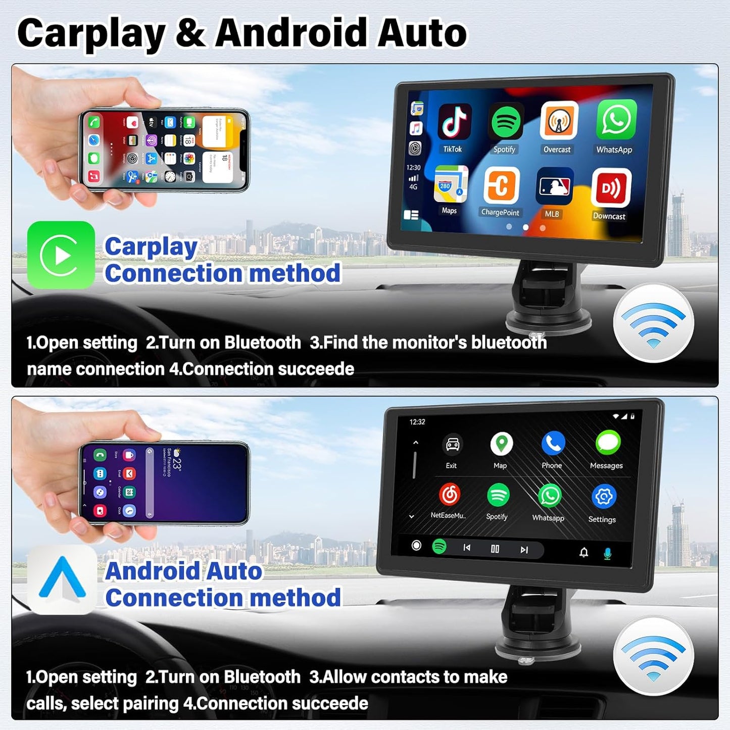 SIXWIN 7‑inch Portable Wireless CarPlay Android Auto Touchscreen Stereo