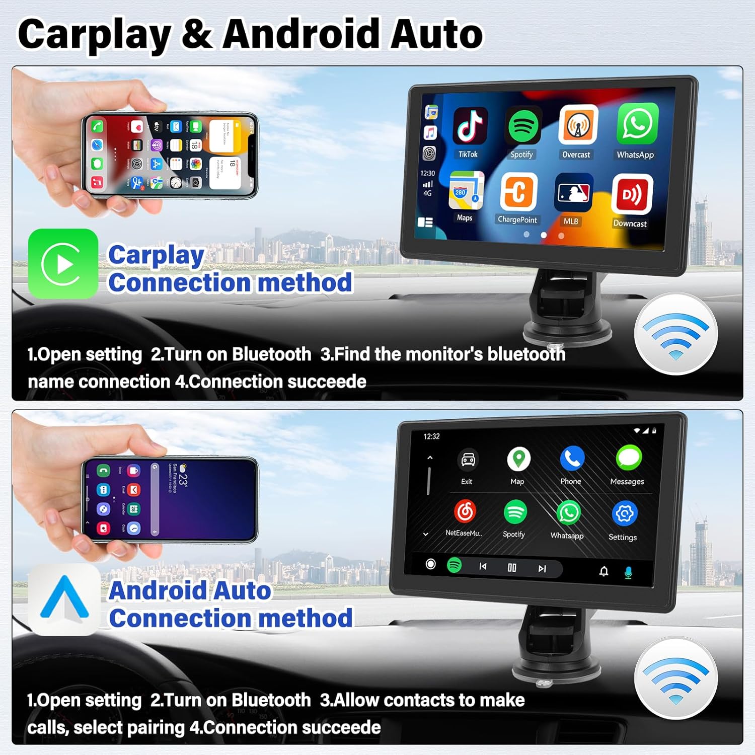 SIXWIN 7‑inch Portable Wireless CarPlay Android Auto Touchscreen Stereo