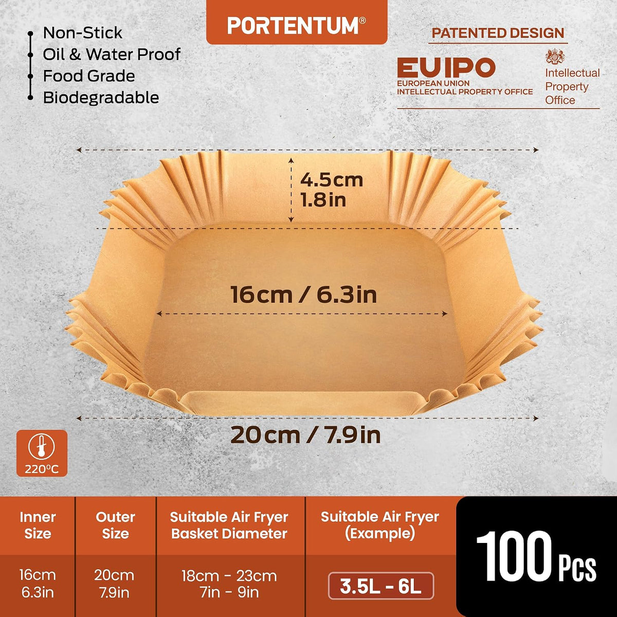 PORTENTUM Air Fryer Baking Paper 100 Pieces 16 x 16 cm