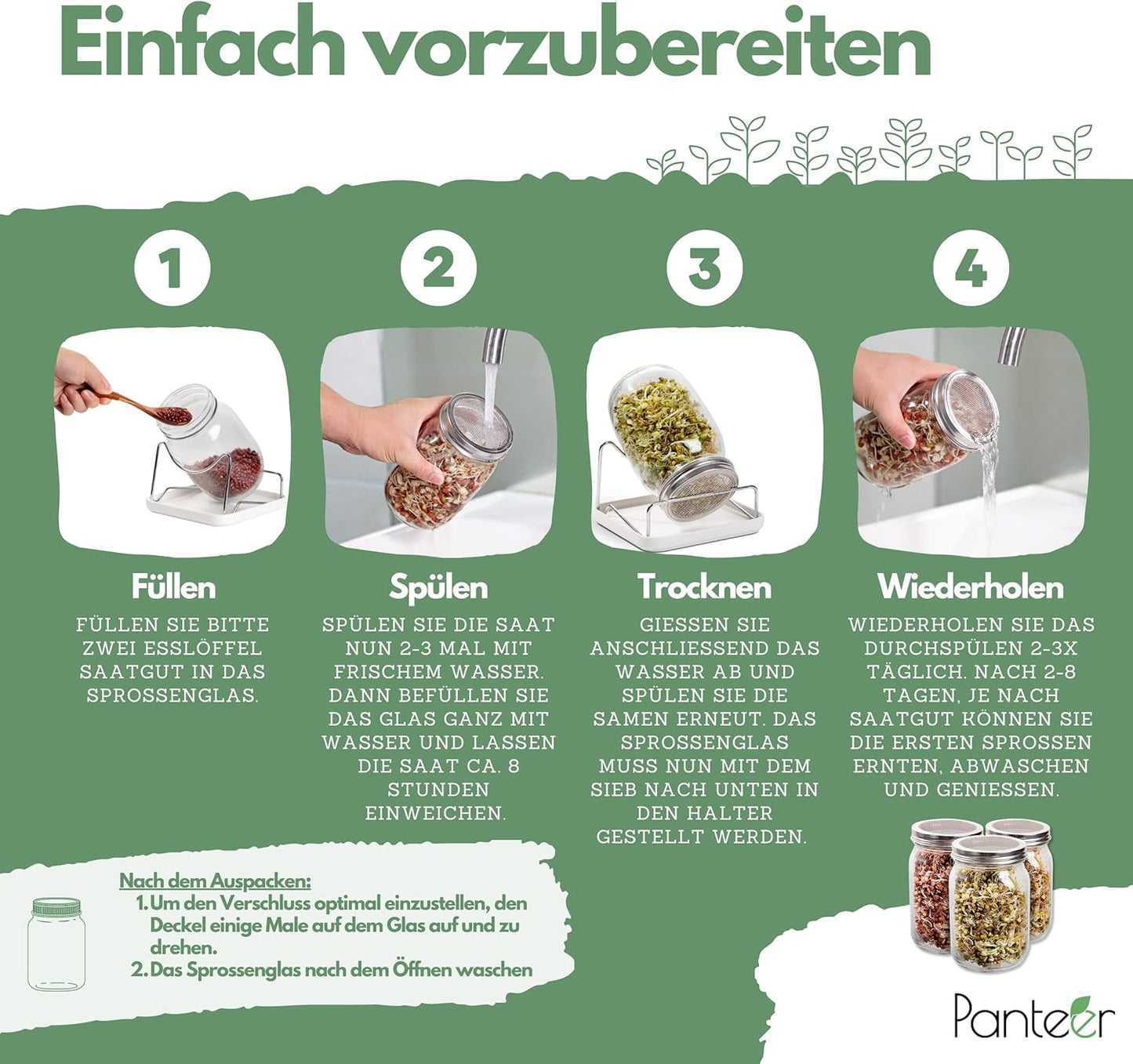 Panteer 940ml Sprout Jar Set with Stainless Lid and Strainer