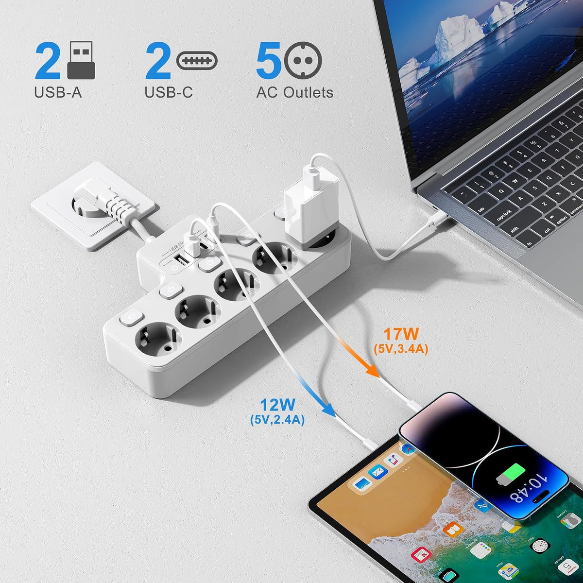 Techuoso wit-5voudige 5-Outlet Power Strip 0.1m White