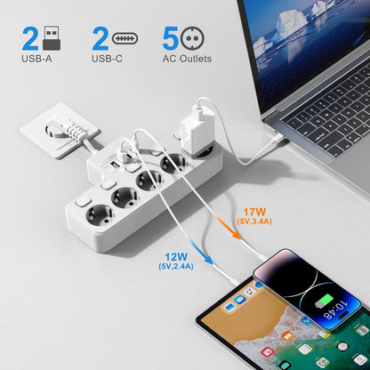 Techuoso wit-5voudige 5-Outlet Power Strip 0.1m White