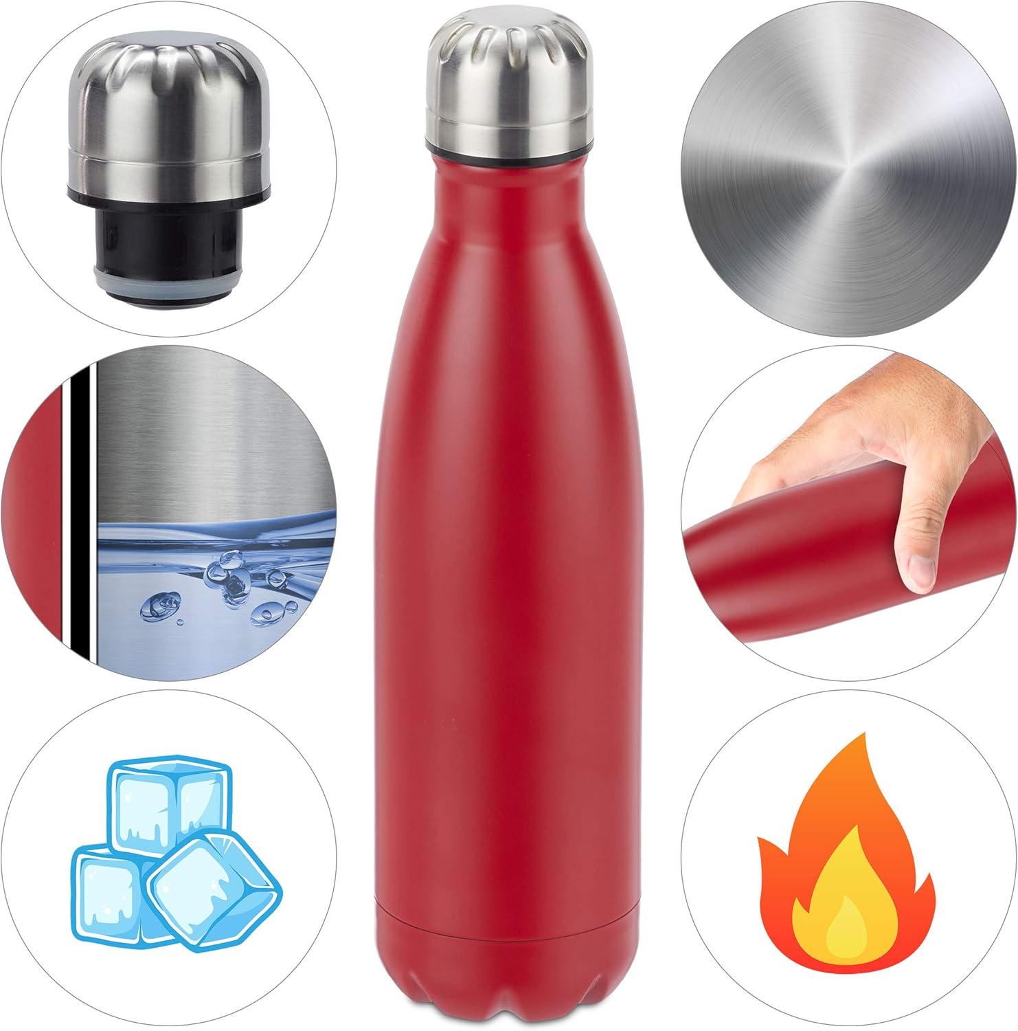 Relaxdays Red Stainless Steel Insulated Water Bottle 500ml