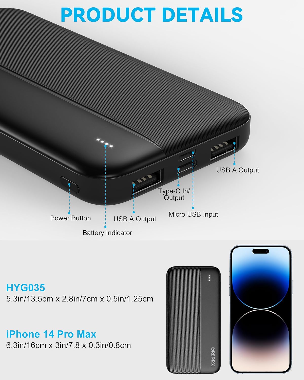 GREPRO HYG035 Compact Power Bank with Type-C Input 10000mAh