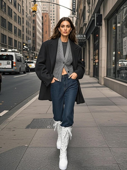 White Gothic Platform Knee-High Boots with Block Heel