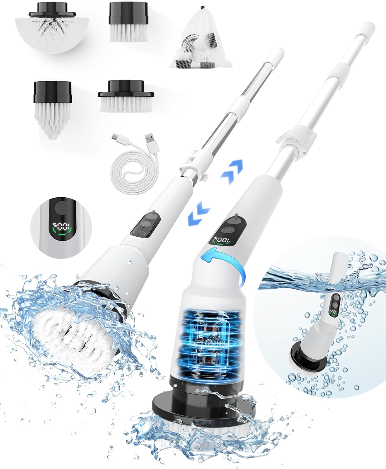Kimeetol Waterproof Electric Spin Scrubber with Adjustable Handle
