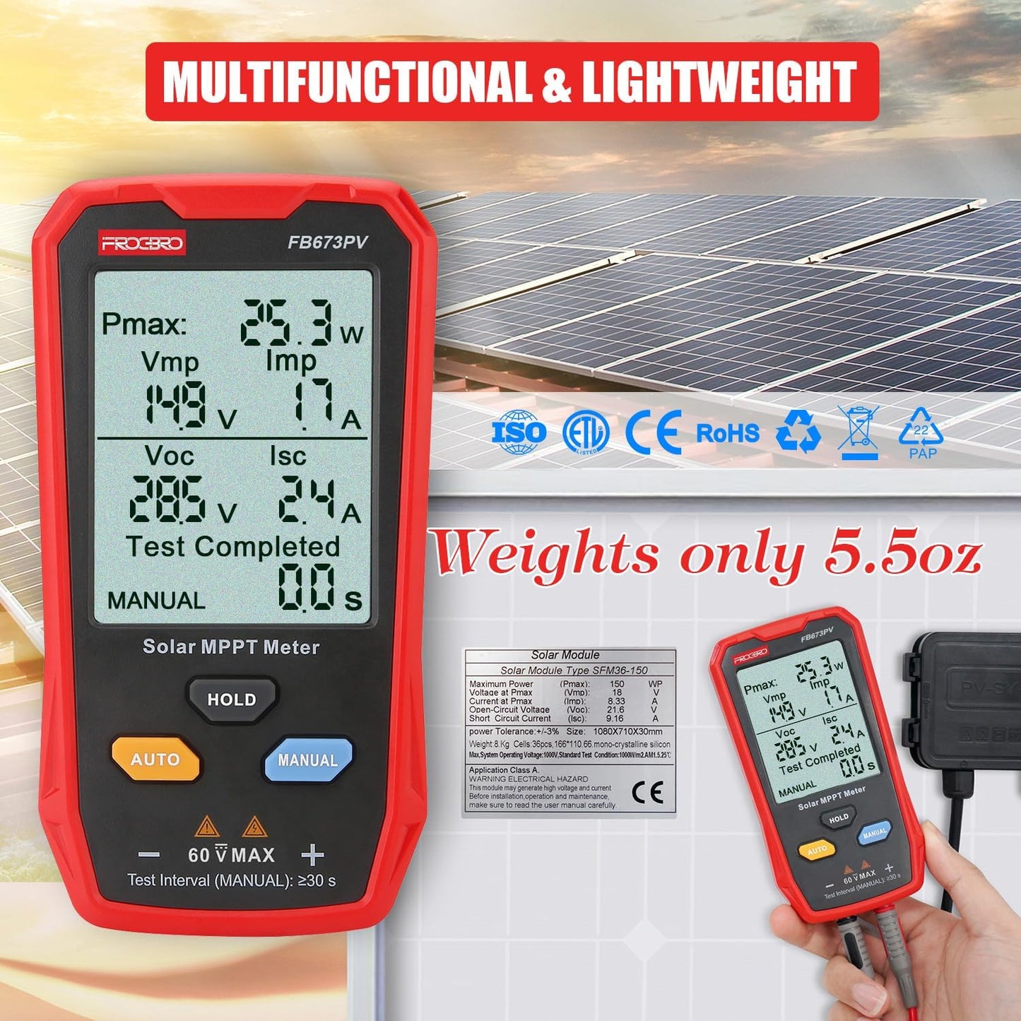 FrogBro 800W Solar Panel Tester Multimeter: Smart MPPT Open Circuit Voltage
