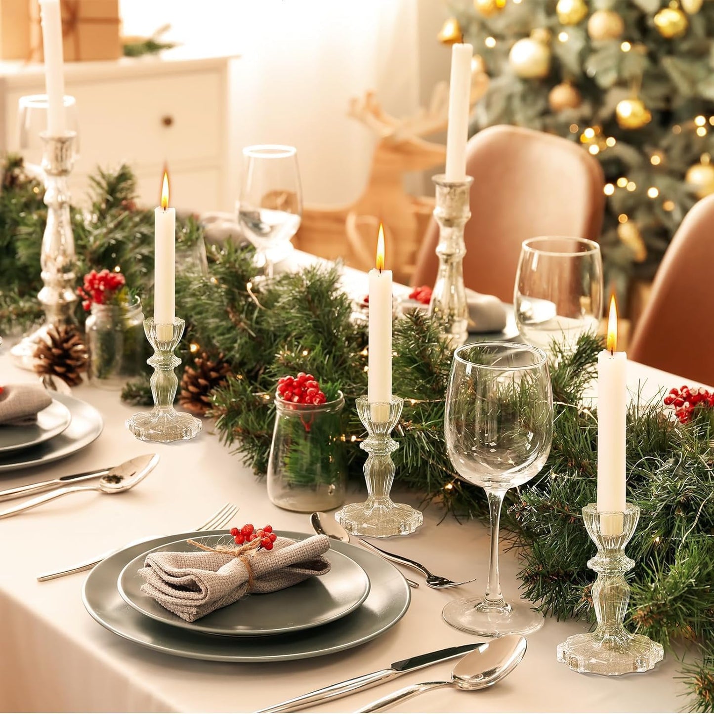 Elegant Clear Glass Candlestick Holder – Floral Design for Events