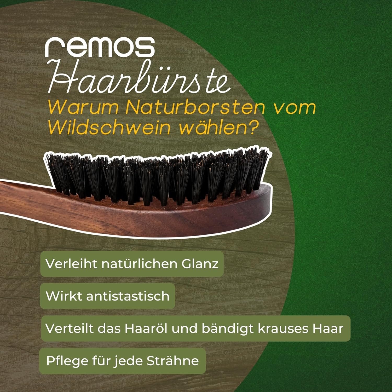 REMOS Walnut Wood Wild Boar Bristle Hairbrush – Ergonomic Detangling