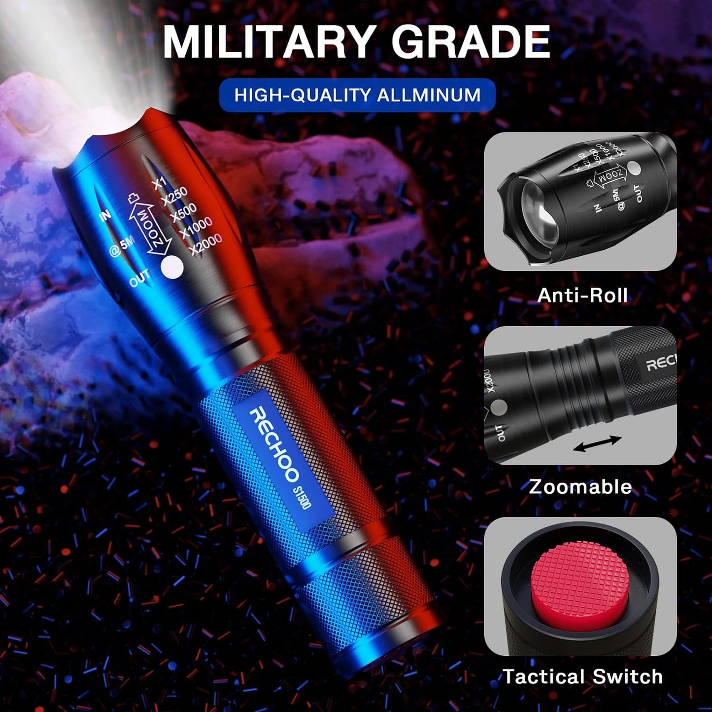 RECHOO S1500 Tactical Flashlight 1500 Lumens Waterproof 5‑Mode 2‑Pack