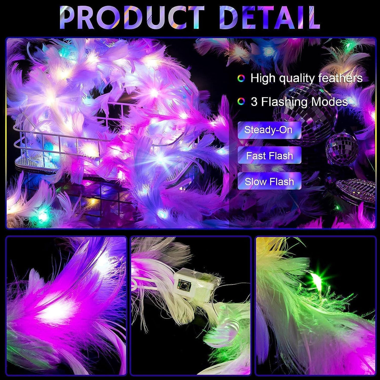 LED Feather Crown Headband with 6 Colorful Light-Up Feathers