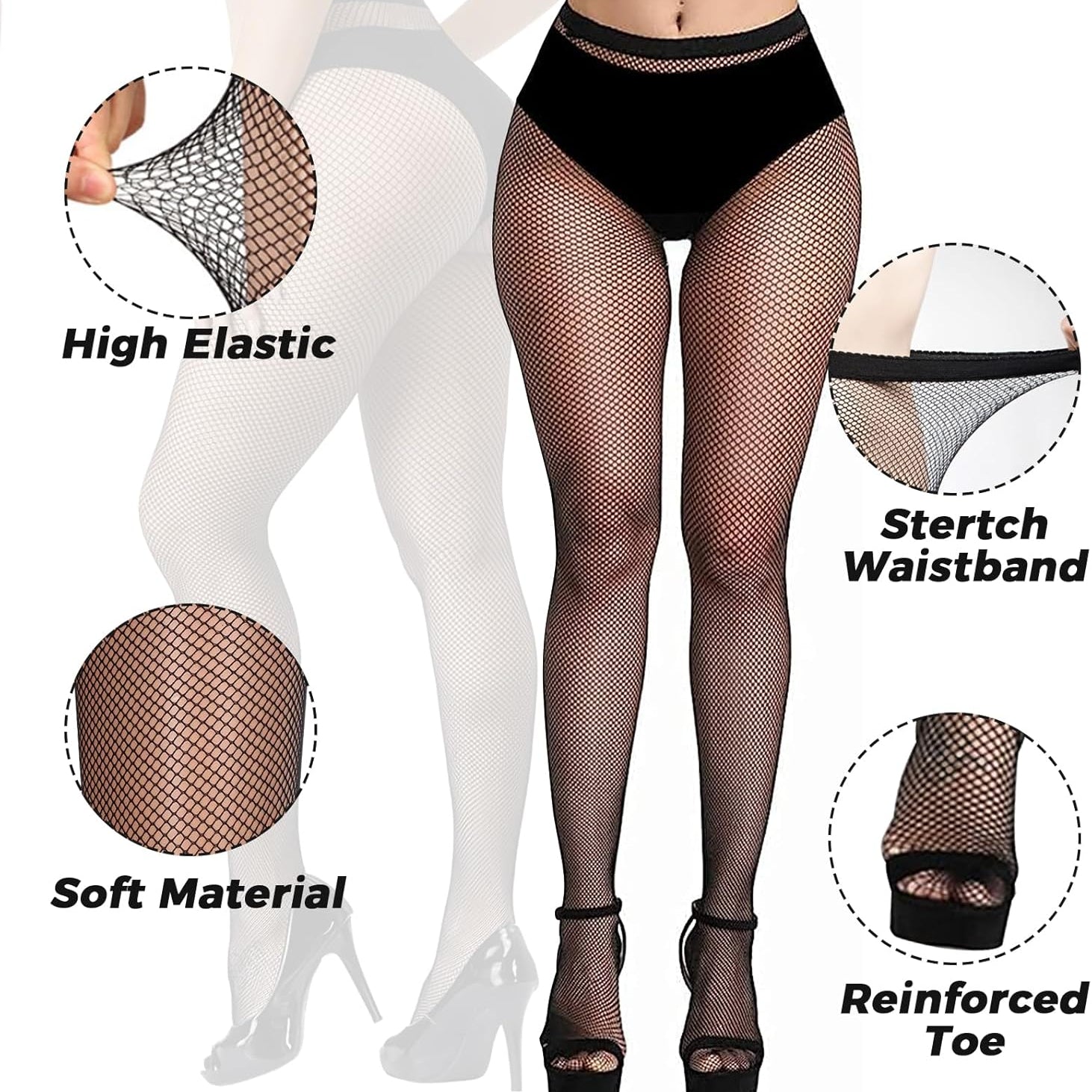 Buauty High Waisted Black Fishnet Stockings for Women Stretchy Comfort