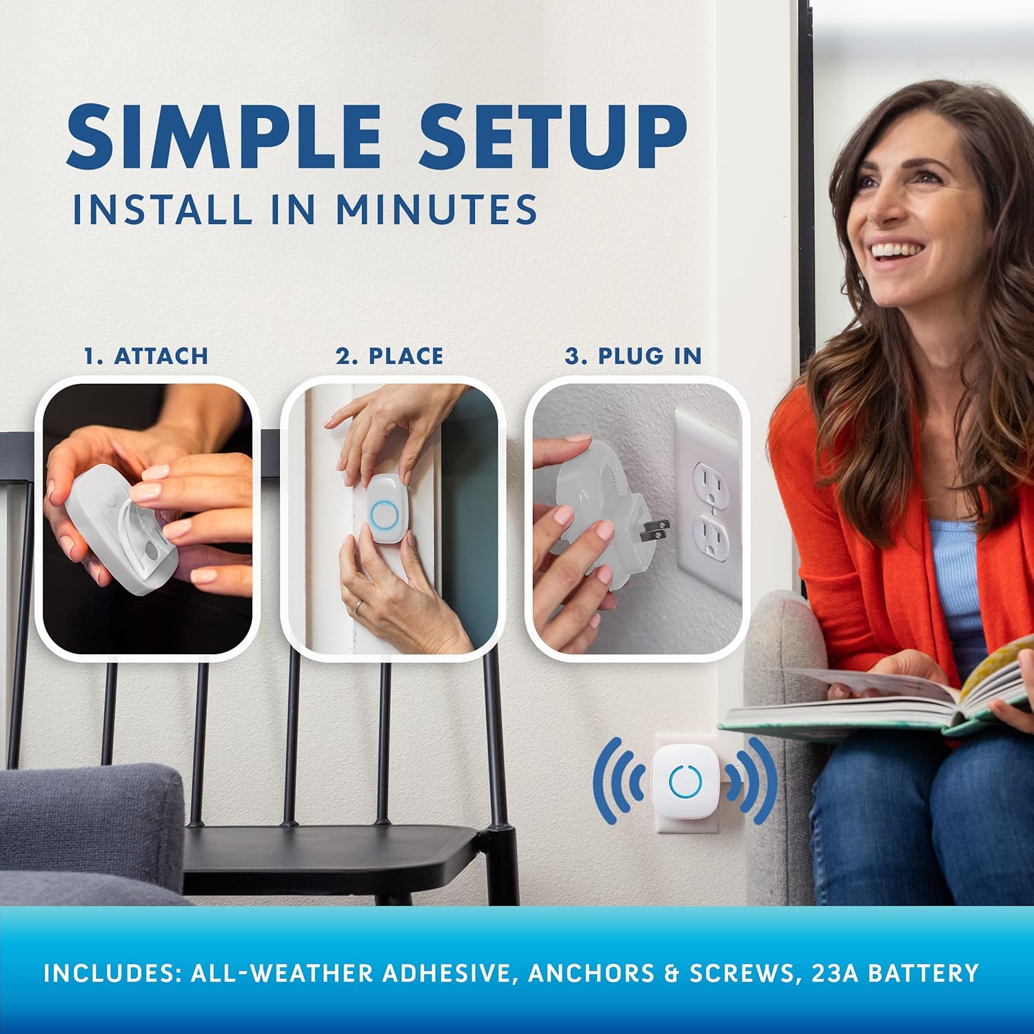 SadoTech Wireless Doorbell: 1 Button, 2 Chimes, Easy Install, Long Range, White